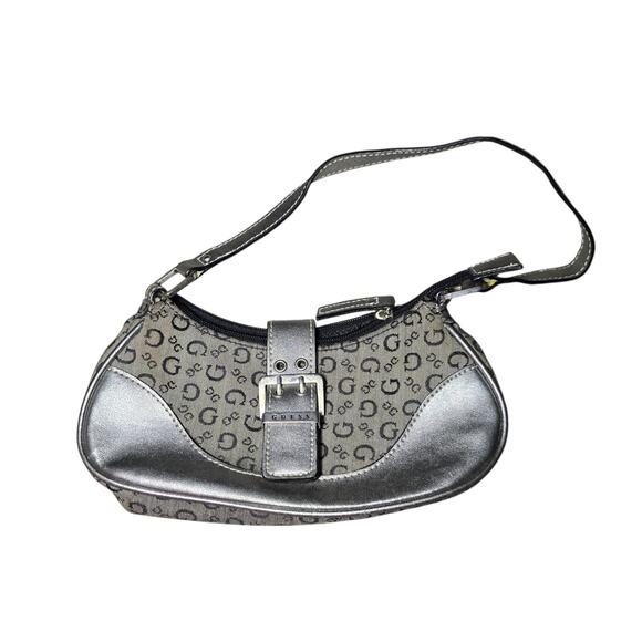 Y2K GUESS Mini Shoulder Bag Grey Monogram Buckle Detail Vintage 2000s McBling - Picture 1 of 9